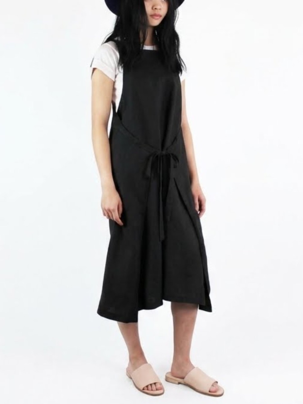 Alpha60 Elliot Apron Pinafore Dress Black Midi Lagenlook Boat Neck Minimalist-L